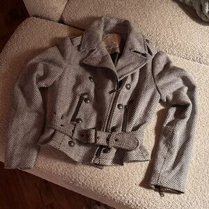 Arden B Black and White Herringbone Trench Coat